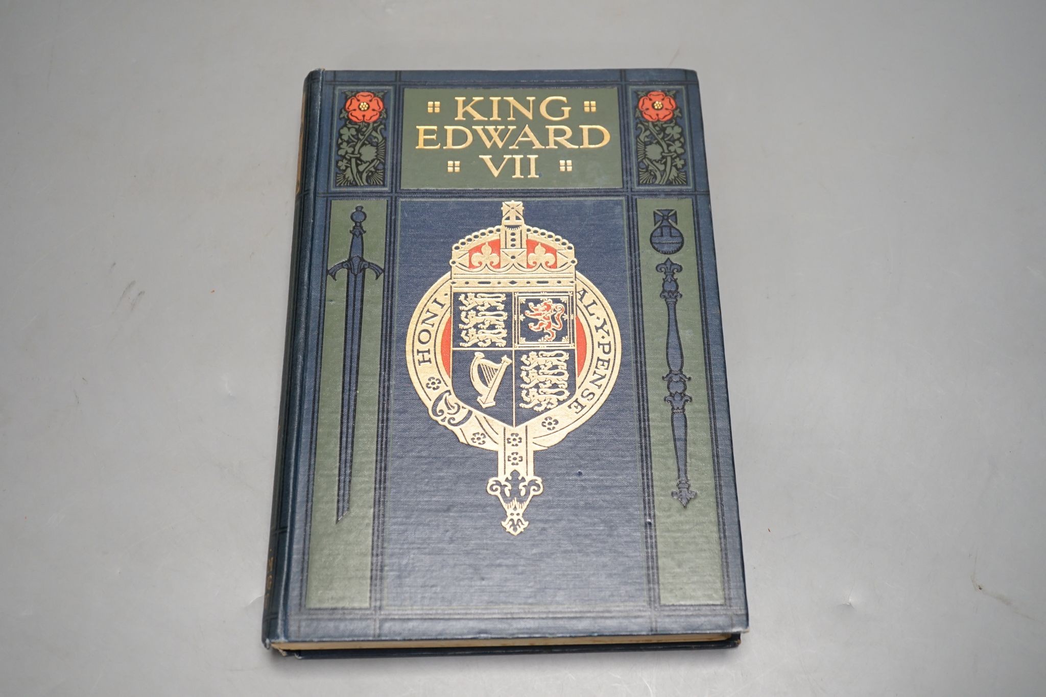 Sanderson, Edgar and Melville, Lewis - King Edward VII: his life and reign.... 6 vols, coloured frontispieces, num. photo and other plates; gilt and coloured pictorial and decorated cloth, roy. 8vo. 1910
